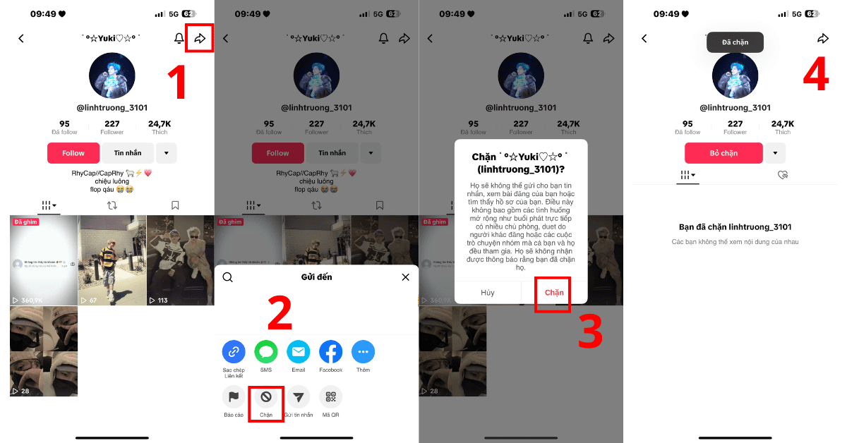 Sau khi chặn, người đó sẽ không thể xem, bình luận hoặc tương tác với video của bạn
