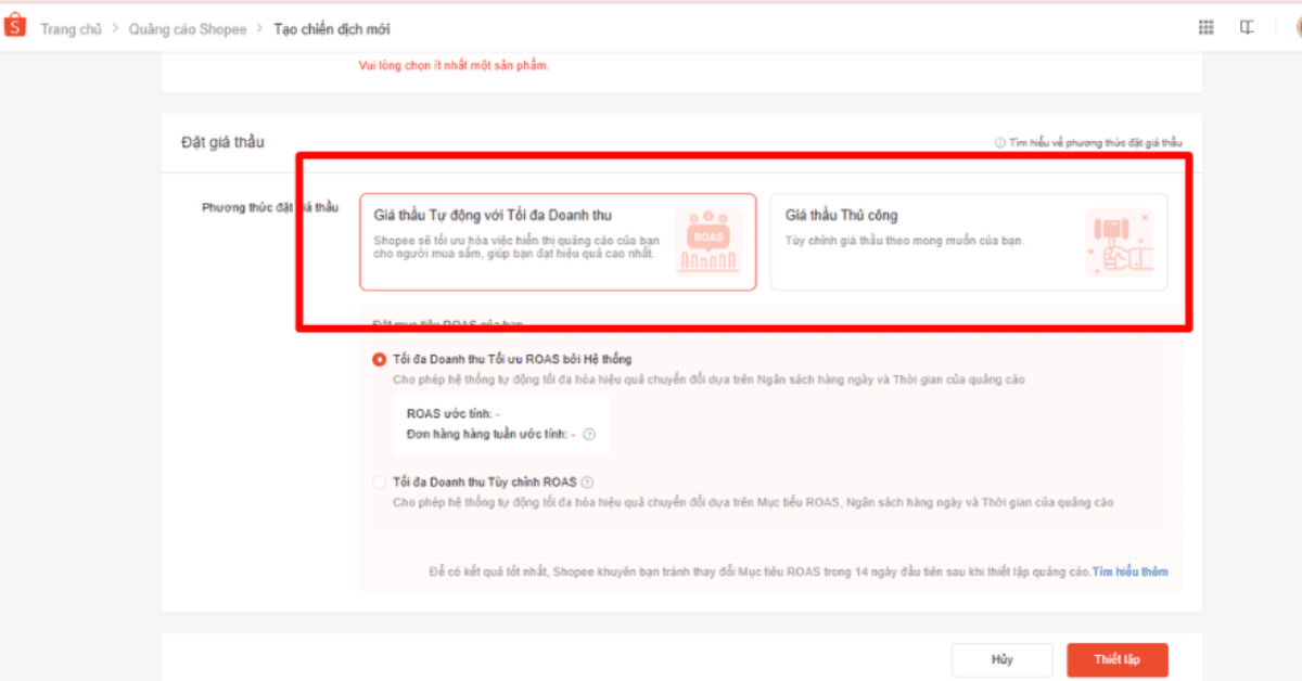Thiết lập giá thầu và ngân sách quảng cáo Shopee