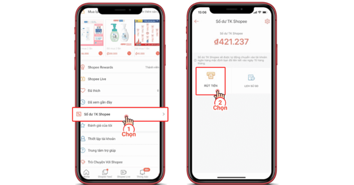 Chọn mục Số dư TK Shopee sau đó nhấn vào nút Rút tiền