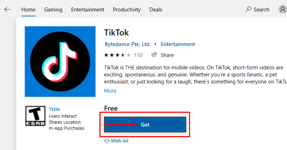 Chọn ứng dụng TikTok từ danh sách kết quả và nhấn vào nút "Get" hoặc "Install" để bắt đầu quá trình tải và cài đặt tự động.