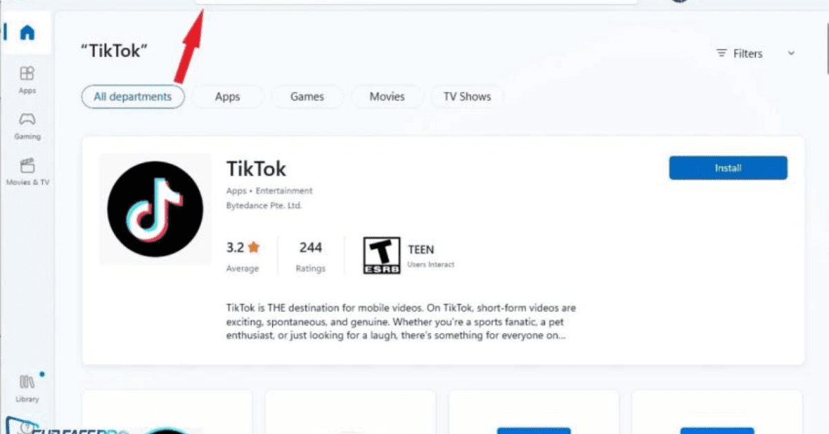 Trên thanh tìm kiếm Microsoft store ở đầu trang, gõ "TikTok" và nhấn Enter.