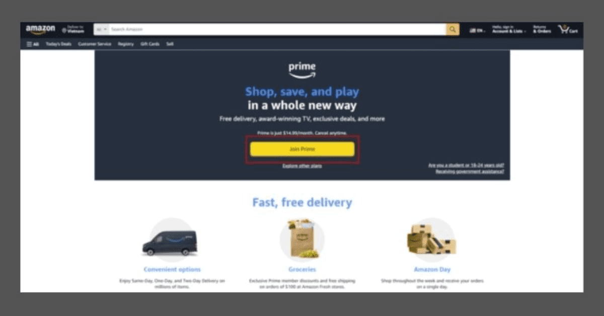 Truy cập trang đăng ký Amazon Prime.