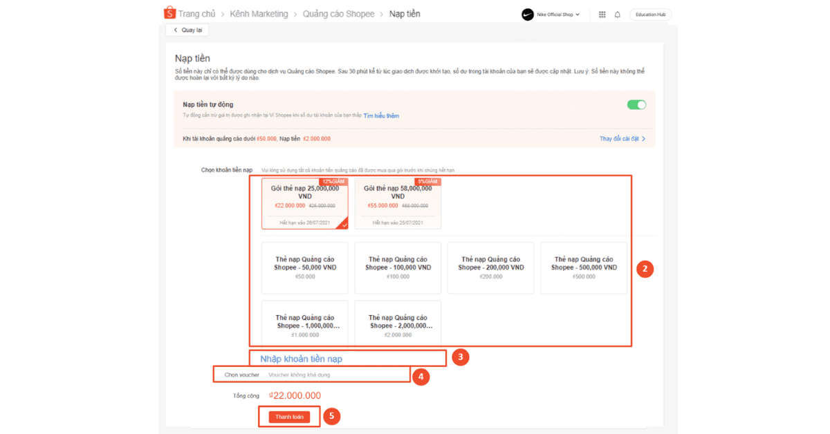 Nạp tiền vào tài khoản Quảng cáo trên Shopee