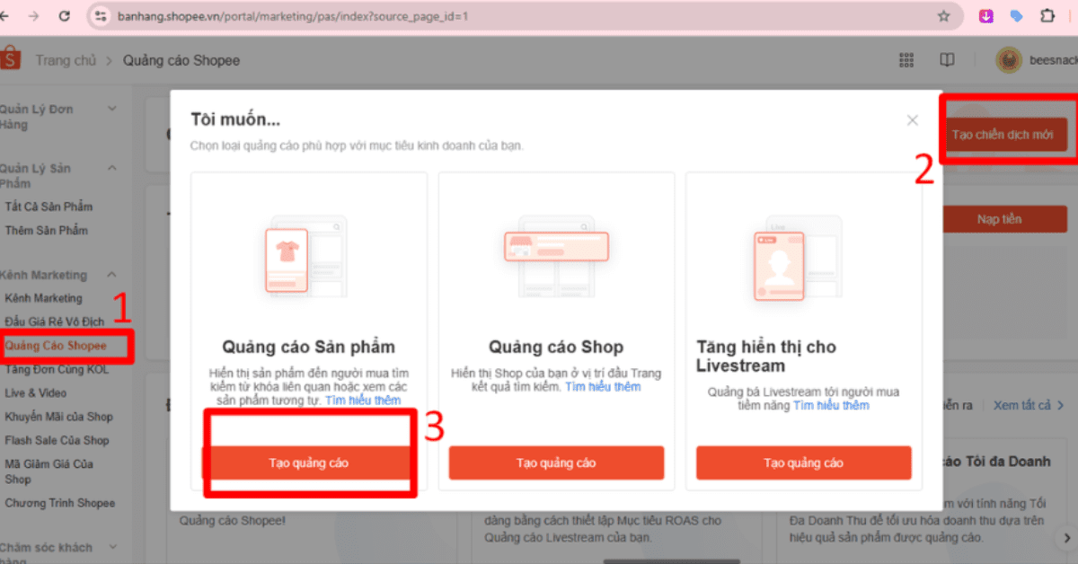 Lựa chọn loại quảng cáo phù hợp trên Shopee