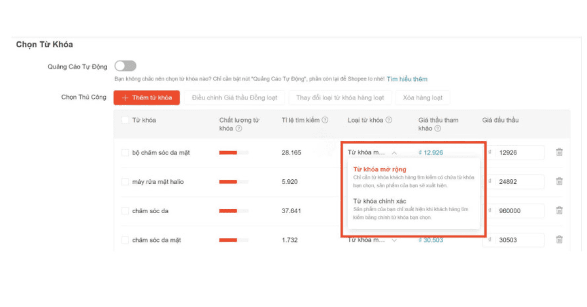 Lựa chọn sản phẩm và từ khóa trên Shopee