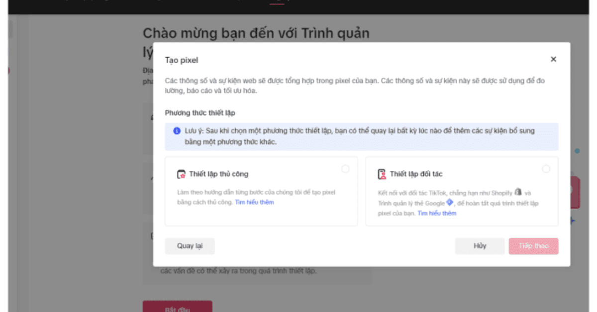 Bước 2: Chọn phương thức và cài đặt mã TikTok Pixel lên website