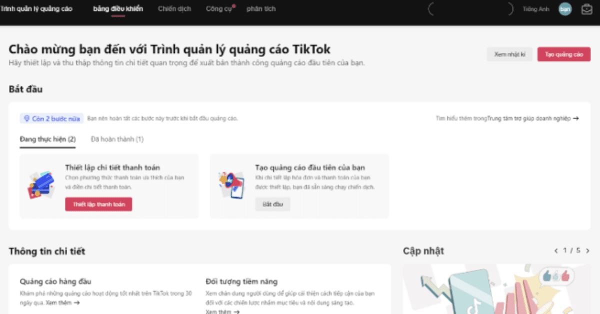Làm quen với giao diện Trình quản lý quảng cáo TikTok