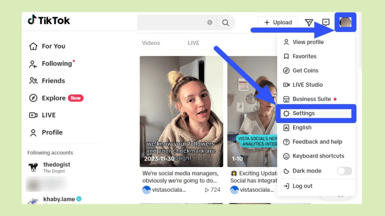 Nhấn vào biểu tượng avatar và chọn “Settings” (Cài đặt).
