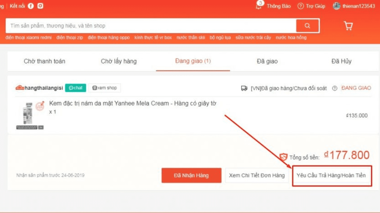 Khởi tạo yêu cầu Trả hàng/Hoàn tiền