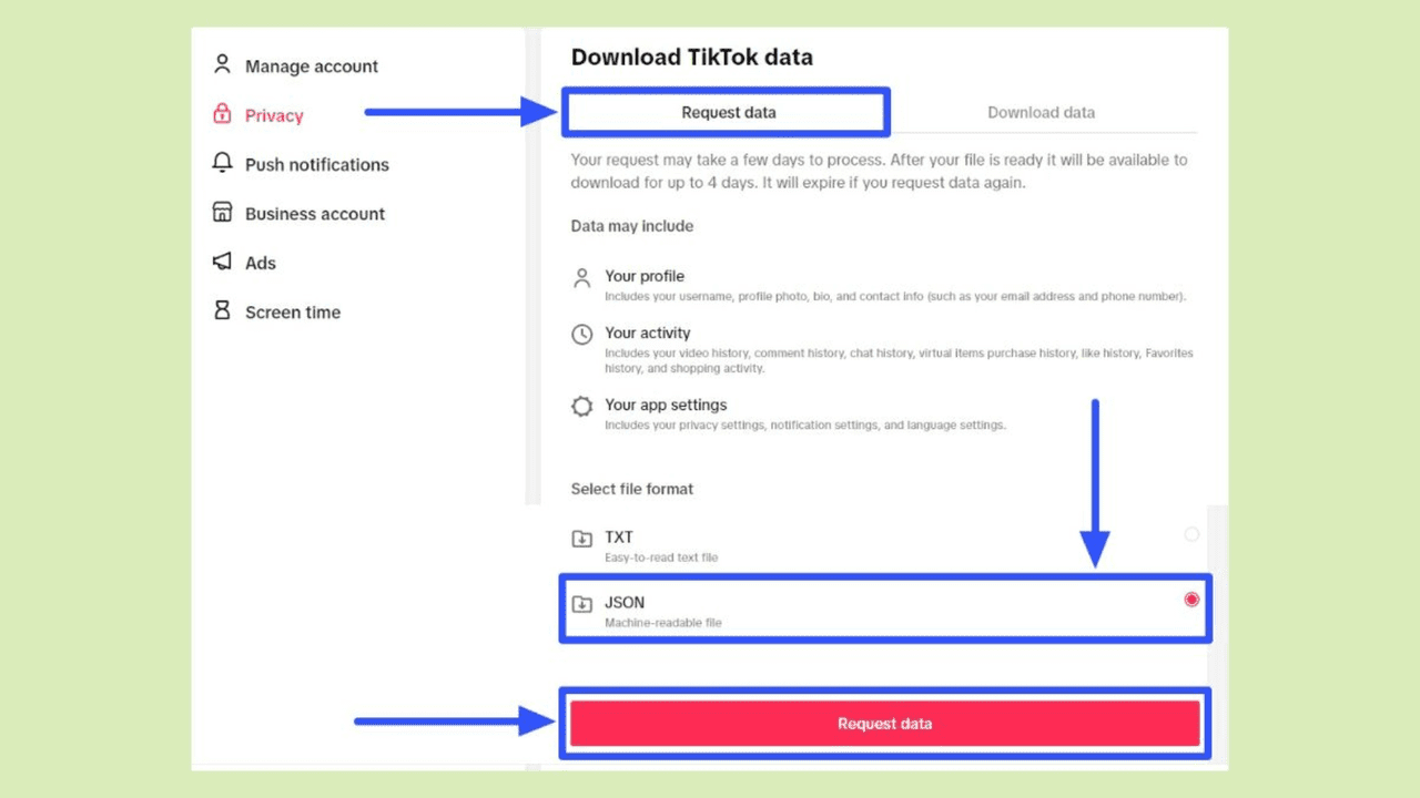 Trong mục “Request data” (Yêu cầu dữ liệu), bạn chọn định dạng tệp JSON.